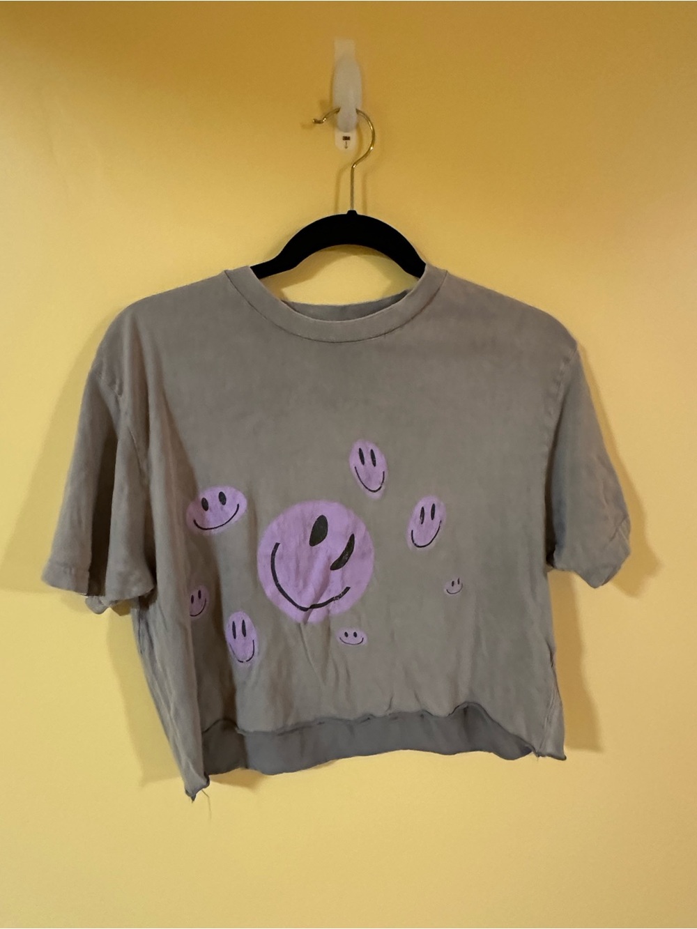 Cropped Gray Tee with Lavender Smiley Face Graphic